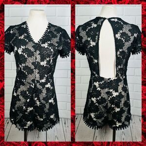 The Clothing Co. Black Lace w/ White Underlay Short Sleeve Open Back Romper - M